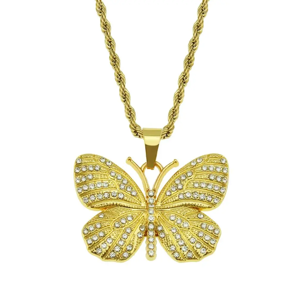

Top Quality Stainless Steel Butterfly Necklace Pendant Gold Color Hip Hop Jewelry Iced Rhinestones Gifts For Men Women Necklace, Golden sliver
