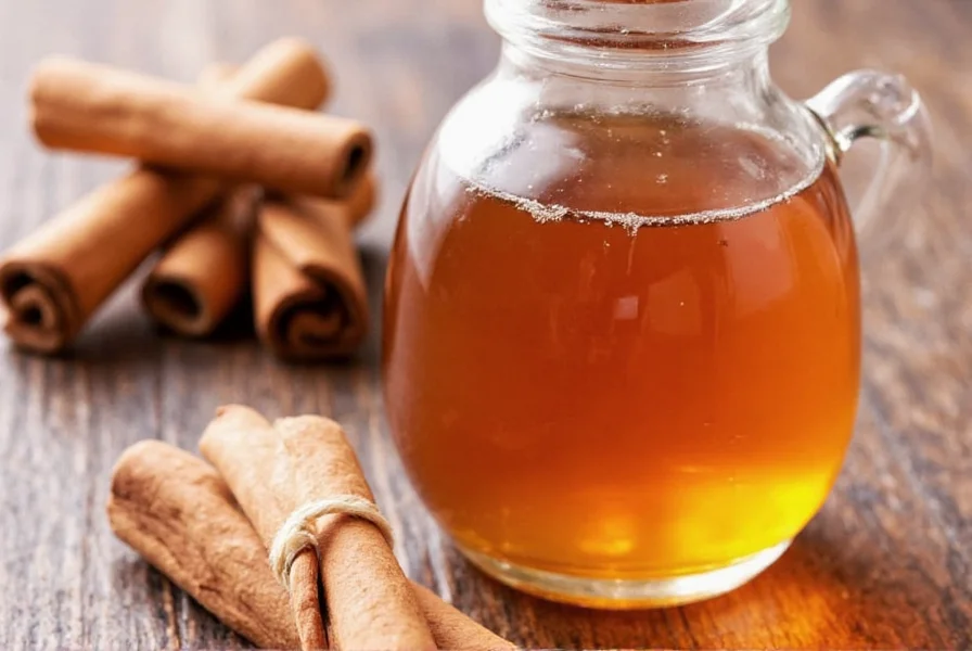 Cinnamon syrup drizzled over pancakes with fresh berries