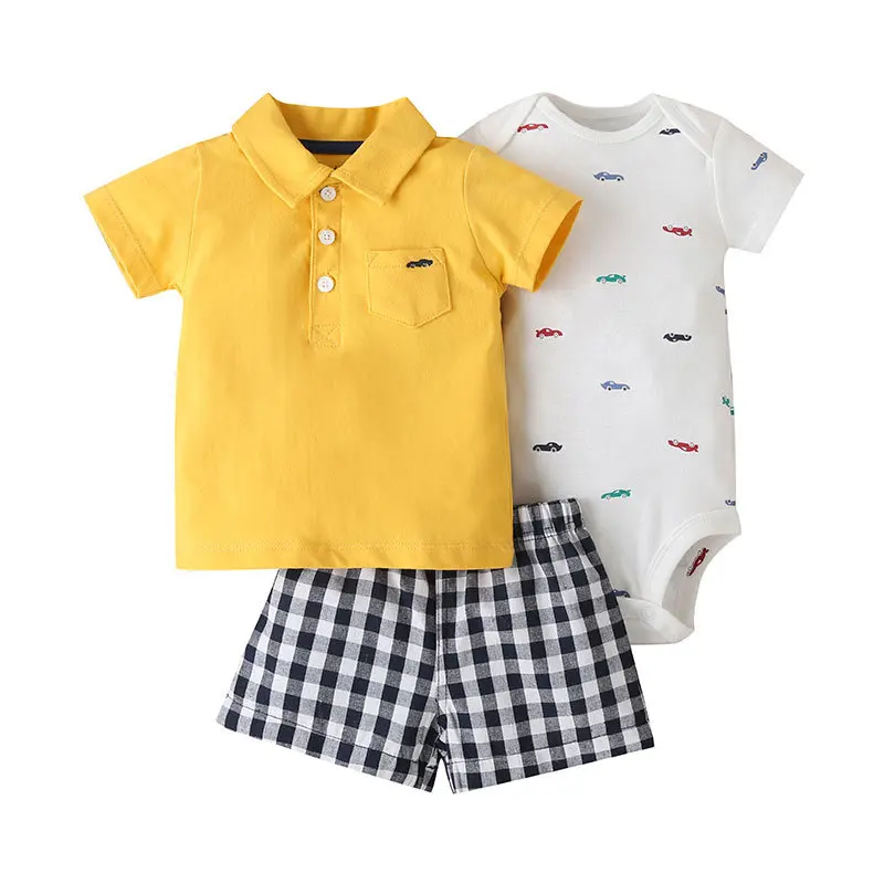 

Simple 3 packs new born baby clothes set t-shirt+romper+shorts pant summer short sleeve 3pcs baby set baby boy clothes, 9 suits with different color