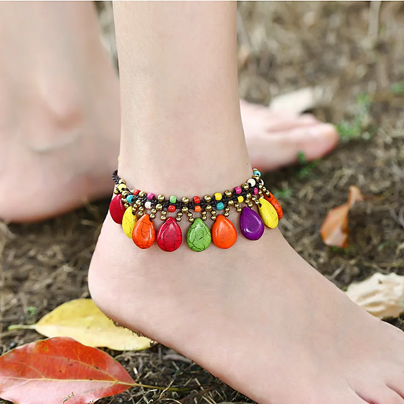 

24cm Bohemian Style Beach Anklet Fashion Turquoise Copper Beads Hand-woven Retro Female Anklet, Picture shows