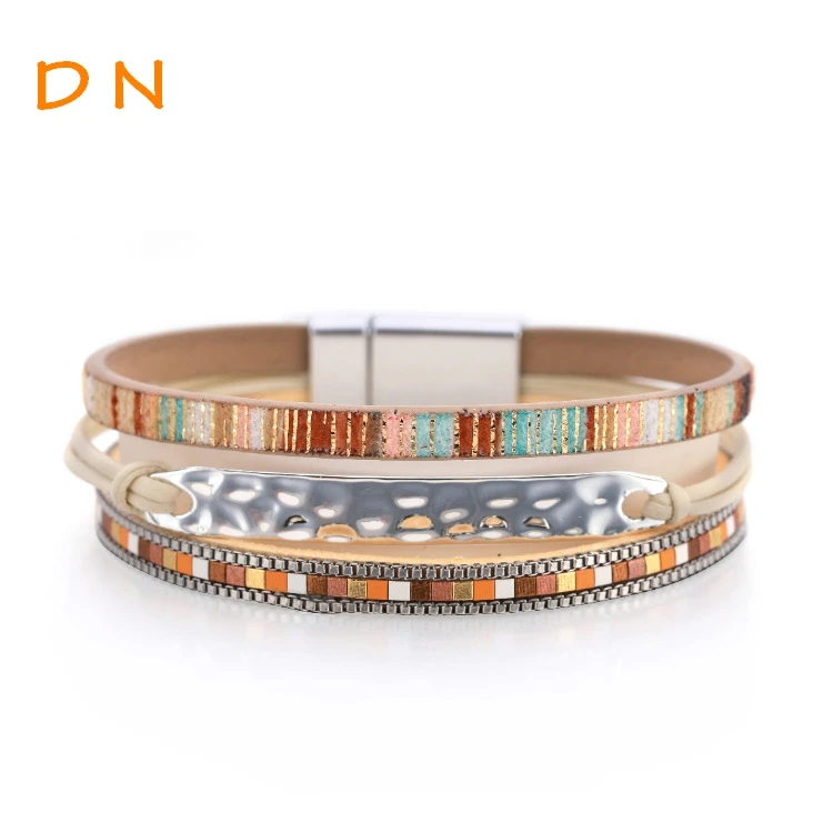 

Dina Woman Bohemia Multi-layer Colorful PU Bracelet With Bump Alloy Plate Pendant Bracelet Jewelry