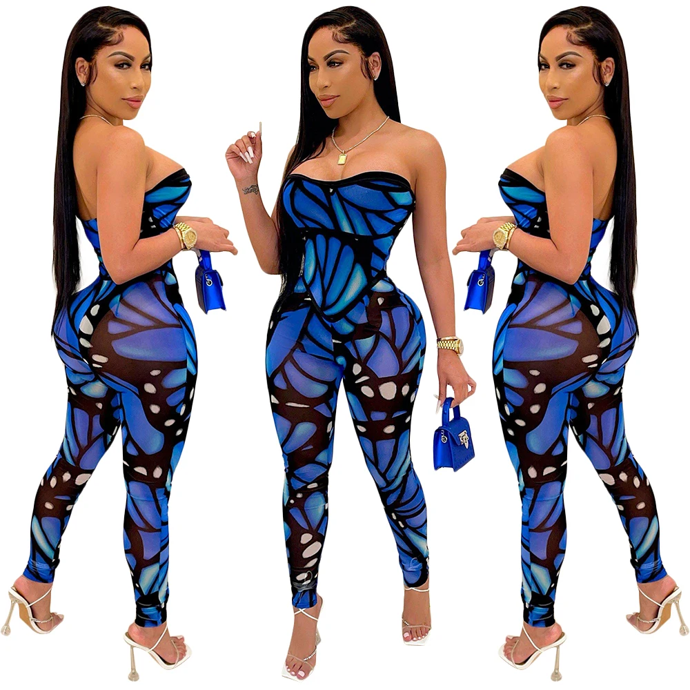 

Wholesales Jumpsuits For Women Sexy New Arrivals Printed Jumpsuit Women 2021 Bodycon Long Pants Summer Strapless Jumpsui, Blue