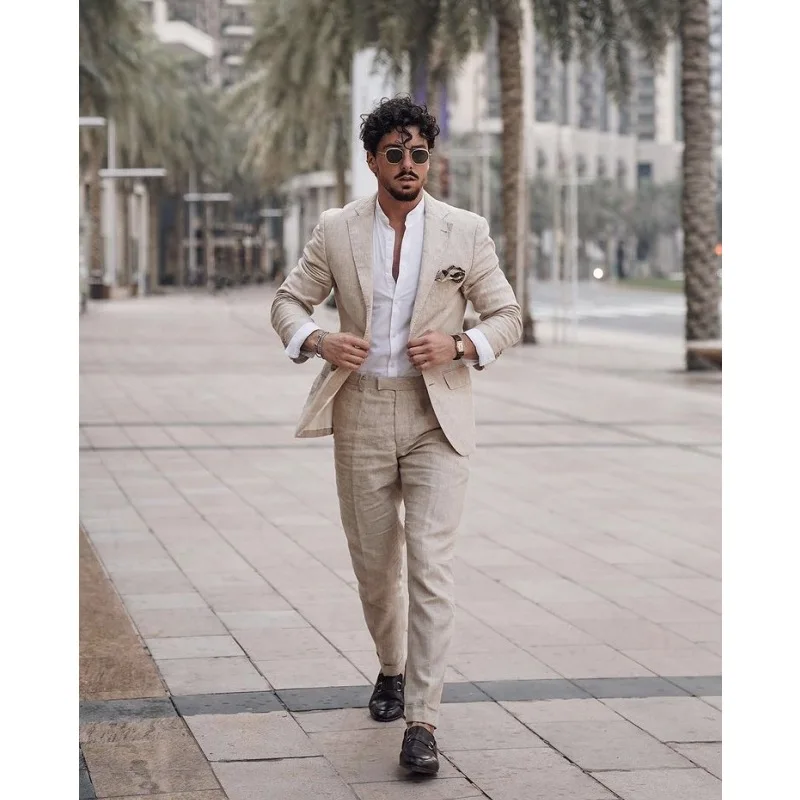 

Hot Summer Linen Suits Men Street Style Beach Wedding Suits Formal Bridegroom Tuxedo 2 Piece Casual Blazer terno, Custom made