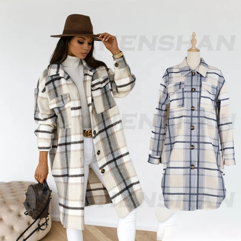 

Plaid Fall Trench Coats New Oversized Long Sleeve Design Custom Casual for Women Standard Wool Jacket Knitted Female Patchwork