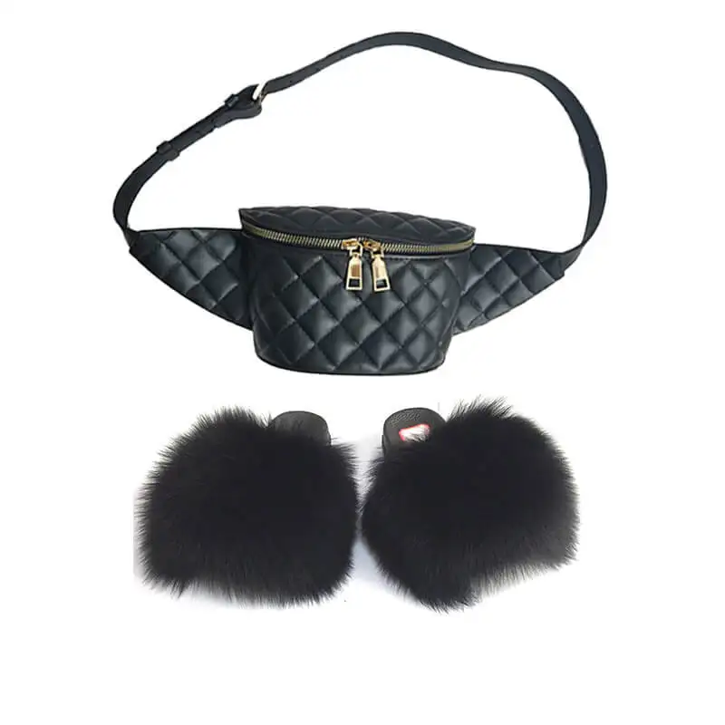 

2021 Custom Real Furslides and Purse Waistbag Rainbow Black Crossbody Fanny Pack and Fur Slides Sets, As pictures or oem
