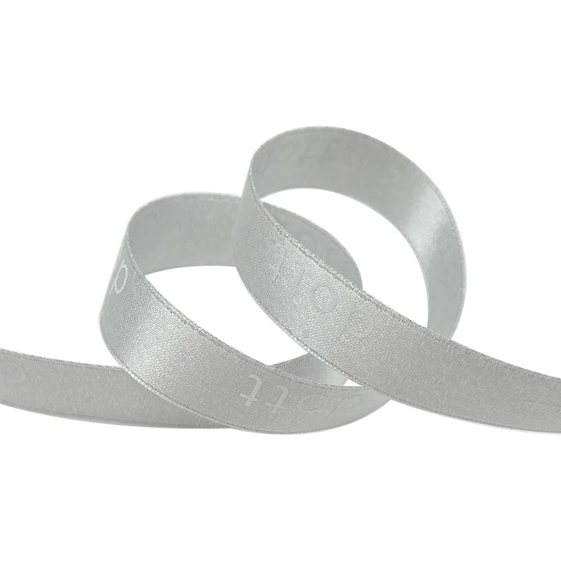 

Customized grey shiny 3D foil printing logo on polyester grosgrain ribbon for gift packaging