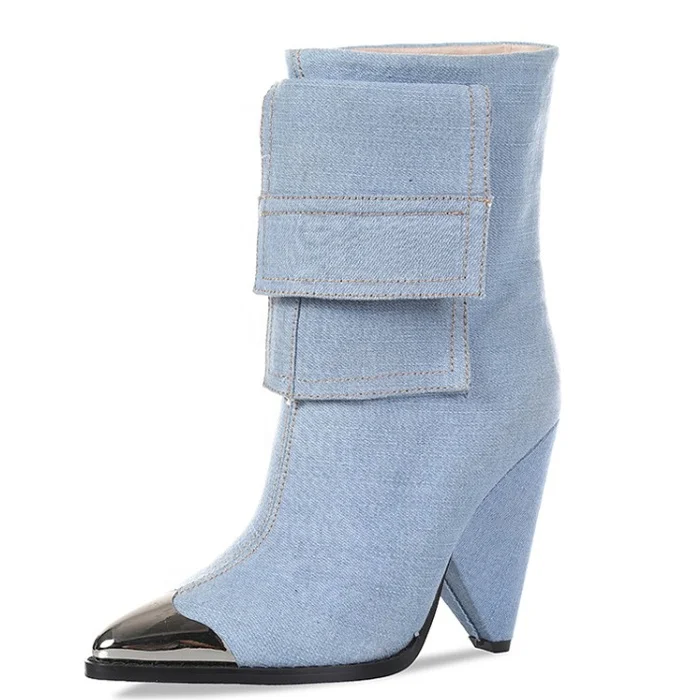 

Unique strange wedge heel jeans ankle boots Blue denim women short fashion boots metal pointed toe lady booties shoes