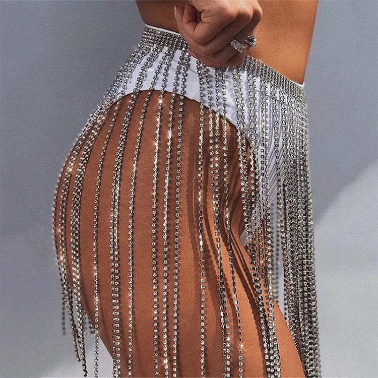 

Women summer new shiny tassel skirt rhinestone body chain dress beach nightclub queen sexy Hip waist chains tennis body jewelry