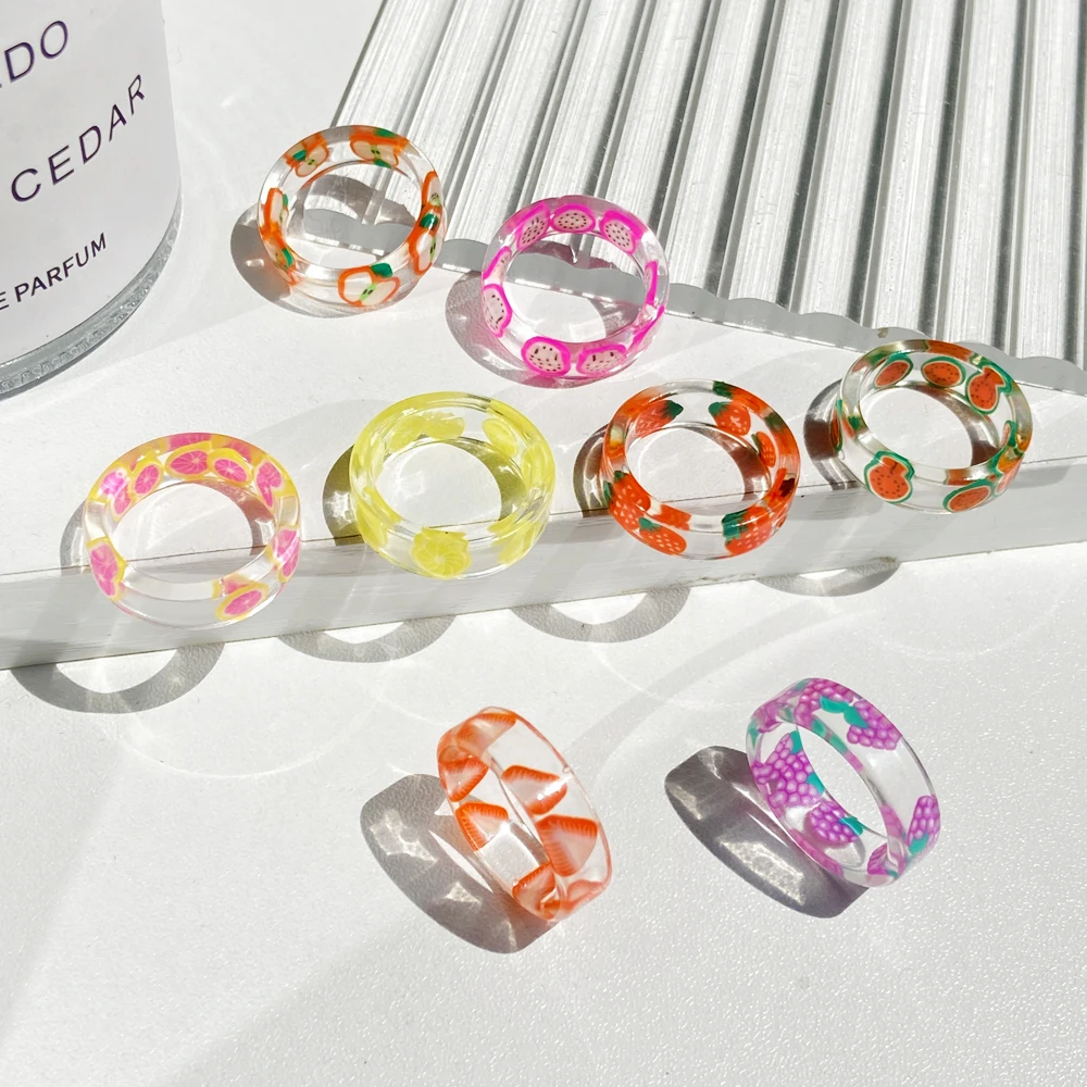 

Korean Fashion Fresh Fruits Transparent Resin Acrylic Ring Girls New Design Strawberry Lemon Finger Jewelry For Women Gifts