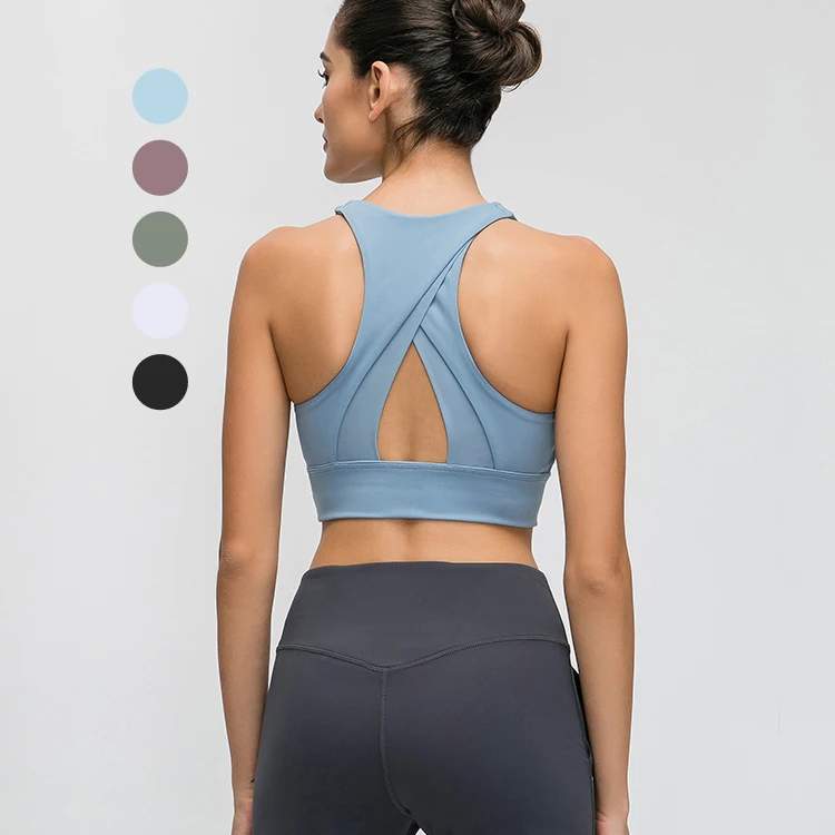 

EU/US Size Stretch High Impact Yoga Bra Full Cover High Neck Fitness Women Sports Bra With Five Solid Colors, As pictures or customized colors