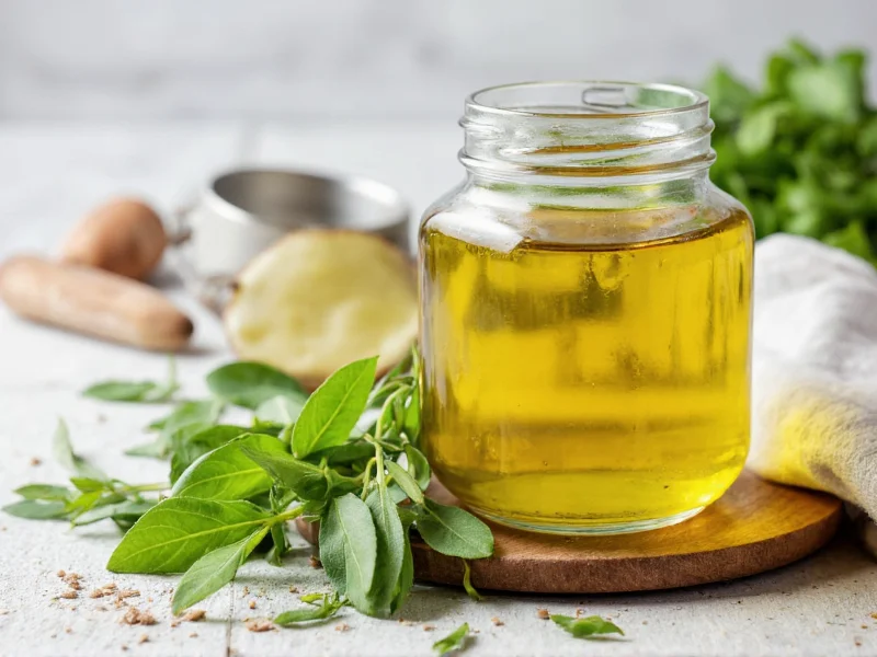 Homemade olive oil dressing in mason jar with fresh herbs