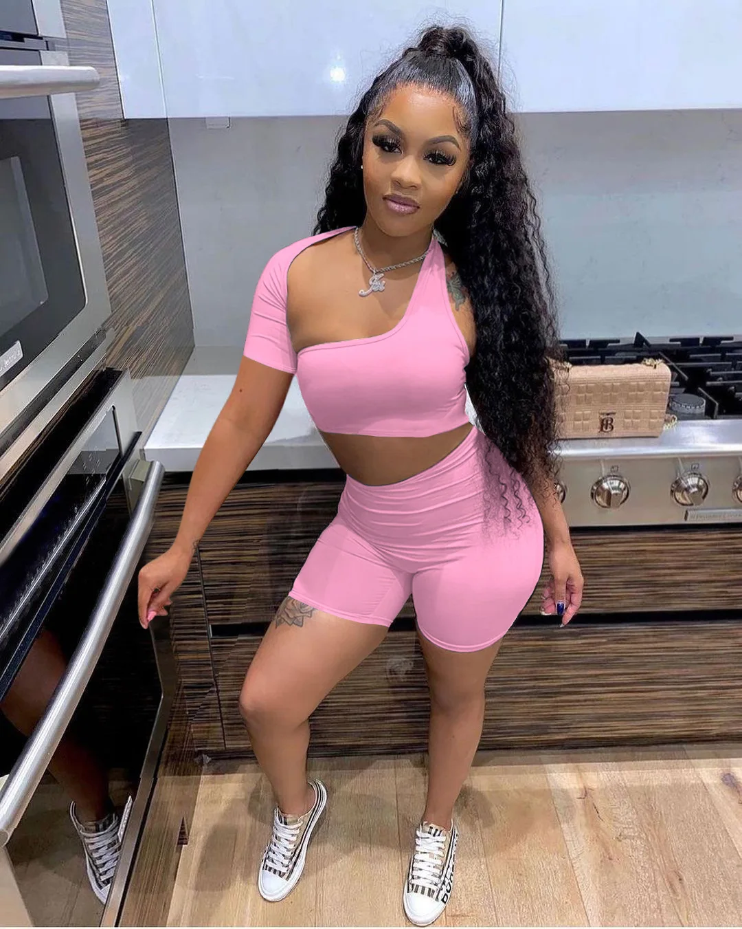 

women's summer pink 2 piece one shoulder crop top sexy tracksuit two piece biker short set