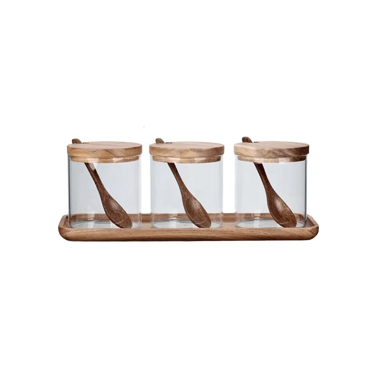

Creative kitchen solid wood tray glass seasoning jar three-piece salt shaker sugar bowl wooden seasoning box set