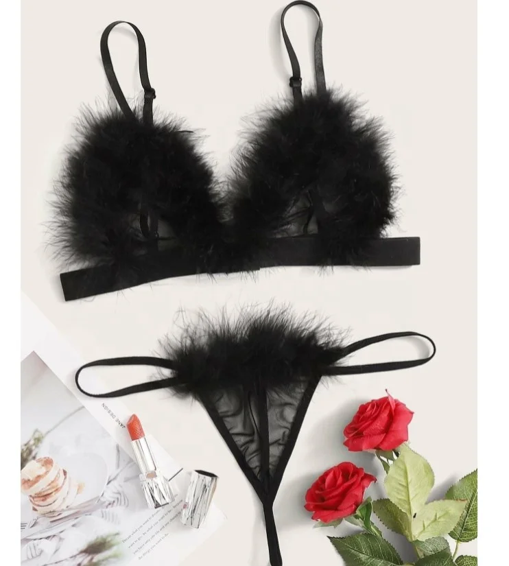 

SFY1448 Transparent Lace fur Bra Underwear Mesh Bra and Panty Set Sexy Lingerie women