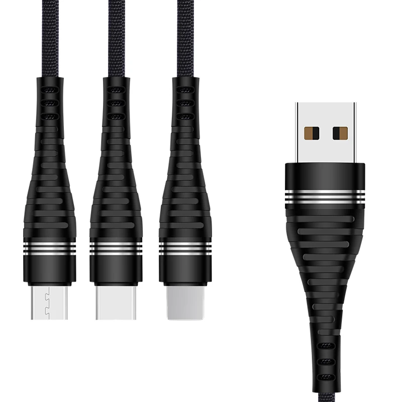 

Durable TEP seamless Braided 2.4A Fast Charging 3 IN 1 fish tail shape 1.2M Multiple USB Cable for Iphone for Android for Type C, Black/silver grey