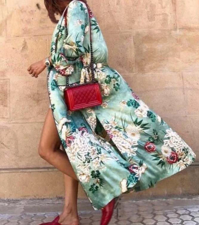 

Bowknot Floral Print Full Sleeve Satin Kimonos Women Fashion Kimono