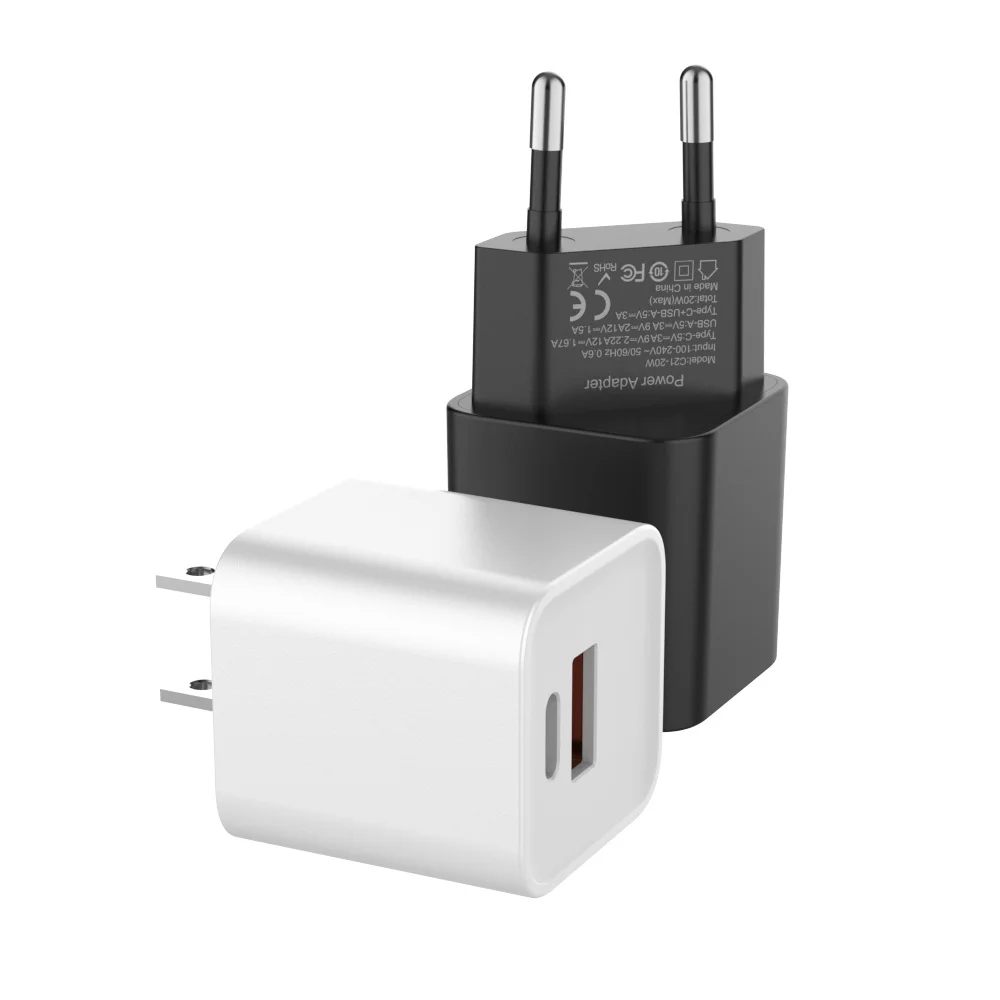 

PD QC3.0 Fast Wall Charger, USB C/A Power Adapter Type C compatible with smartphones tablets Dual Port Charging 18w 20W, Black white customized