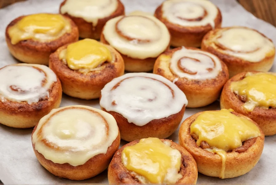 Assortment of cinnamon rolls with different glaze variations including cream cheese, maple, and lemon