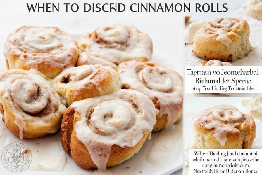 Comparison chart showing fresh vs spoiled cinnamon rolls with visual indicators of mold, texture changes, and discoloration