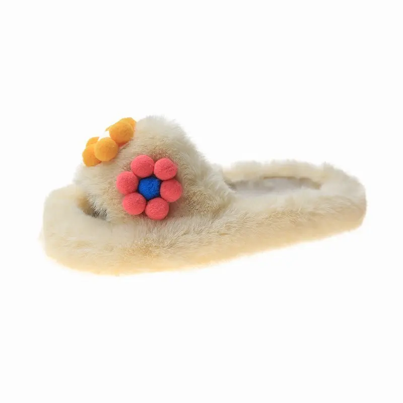 

Amazon AliExpress Hot Selling Lady Slippers Candy Color Plush Flowers Flat Open Toe One Font Fashion Slippers For Ladies