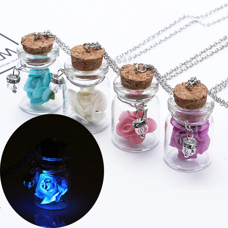 

Wish Bottle Pendant Necklace Flower Fluorescent Glass Luminous Glow in The Dark Rose O- Chain MJ Jewelry Necklaces Opp Bag J055