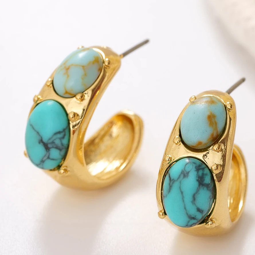 

women hoop statement gold plated natural raw boho turquoise stone stud earings