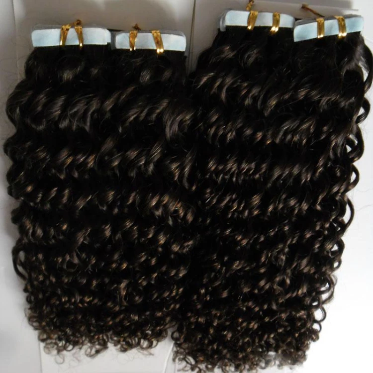 

Wholesale cuticle aligned natural color16inch kinky curly tape in human hair extensions remy indian, Natural color