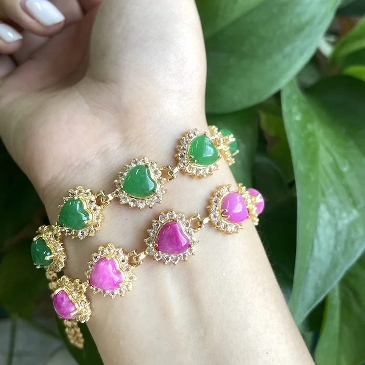 

Jialin Jewelry Factory 2021ins wholesale for women green natural stone real green pink jade chain link charm bracelet