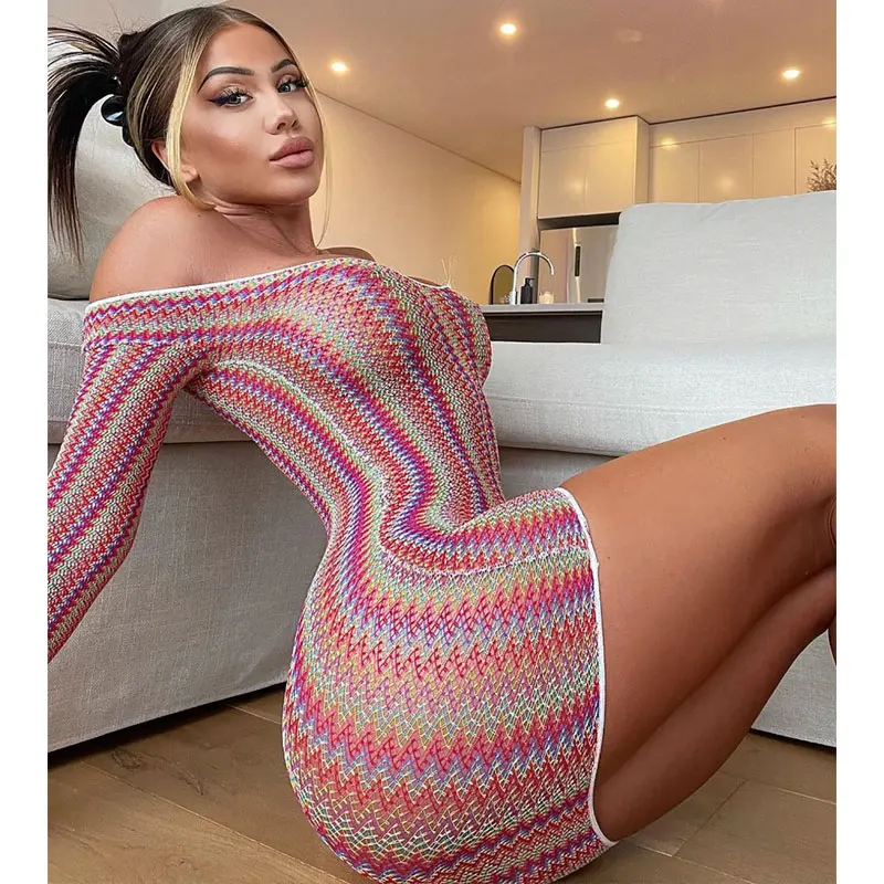 

2022 Sexy Dresses In Summer Ladies Women Crochet Hollow Out See Through Swimwear Cover Up Beach Dress, Rainbow