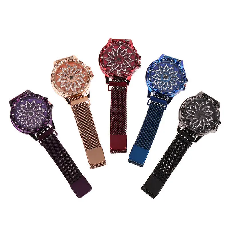 

Rotatable Women Quartz Wrist Watch Stainless Steel Magnet Band Geneva Ladies Watches Custom Logo