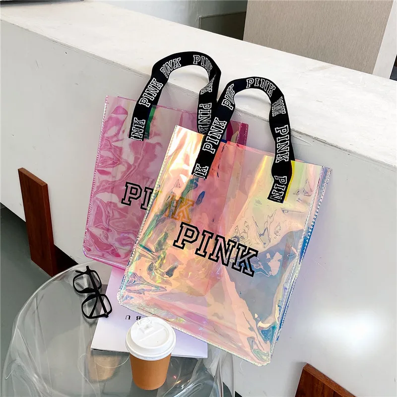 

PVC laser tote bag transparent portable ziplock bag plastic dustproof cosmetic shopping bag, 10 color