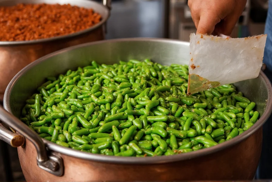 Close-up of fire-roasted Hatch green chilies being processed into 575 Hatch Green Chili Sauce in traditional copper kettles