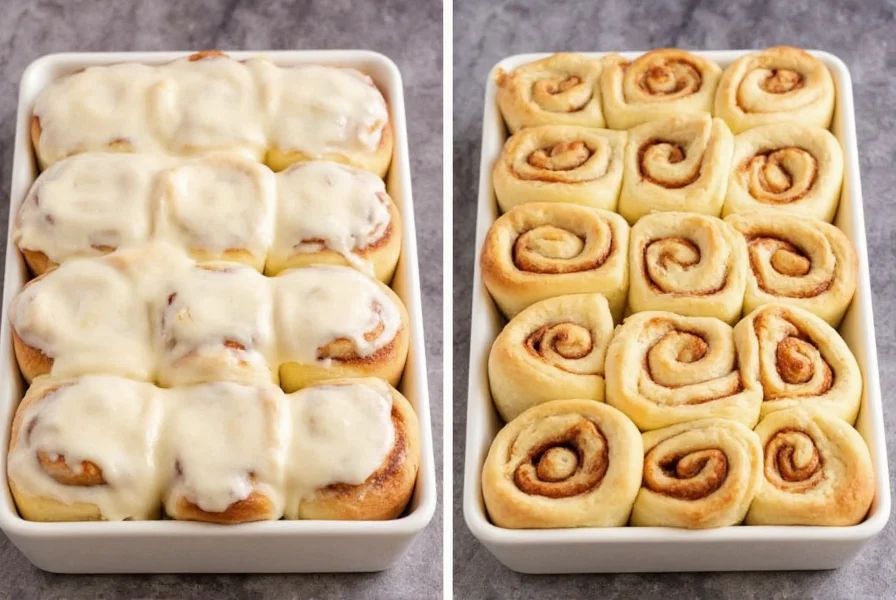 Side-by-side comparison of Rhodes cinnamon rolls baked with milk versus heavy cream showing texture differences