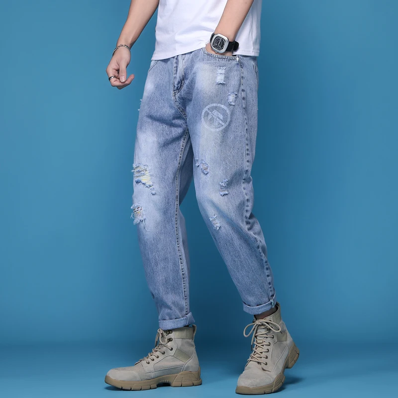 

2020 wholesale Stretch Cotton Distressed Denim Pants Custom Slim Fit Stacked Ripped Jeans Men