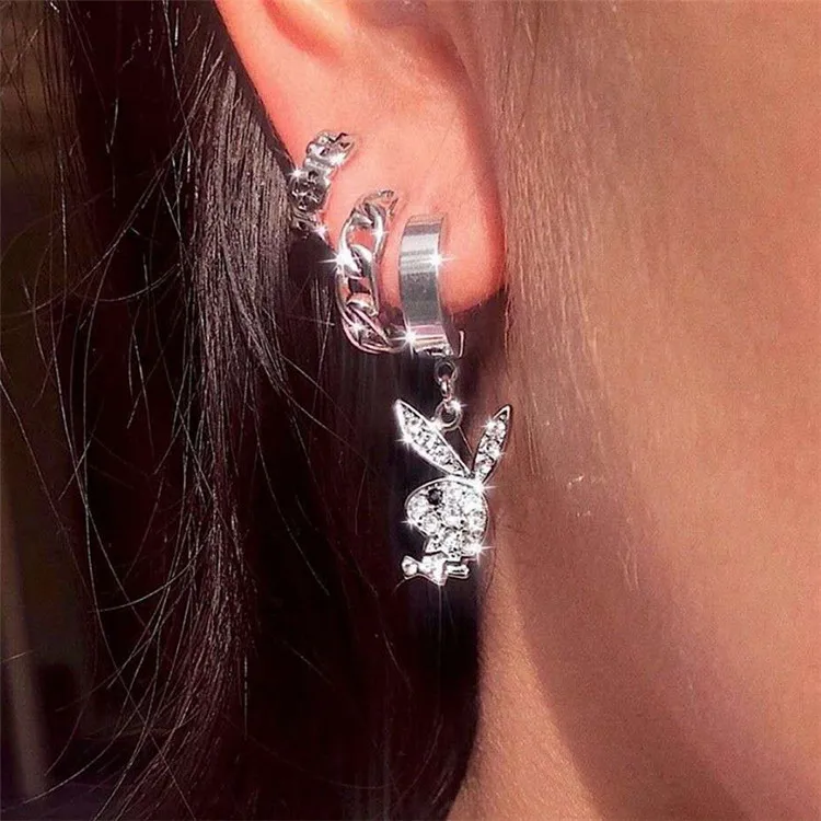 

New Design Pink Silver Color Diamond Rabbit Earring Stainless Steel Hoop Bunny Hoop Earrings, Picture