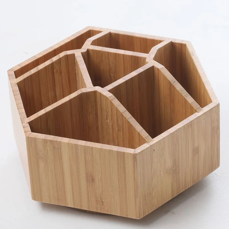 

Bamboo large hexagonal rotary pen holder Office desktop storage box Bamboo cosmetics storage box, Natural