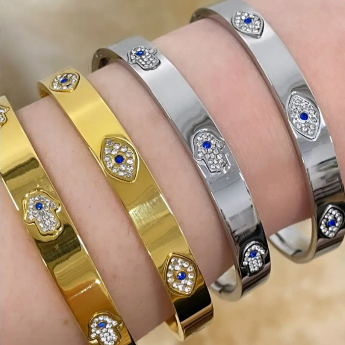 

New arrived wide band gold silver bangle bracelet with cz paved eye hamsa hand stamp heavy bracelets jewelry for wedding