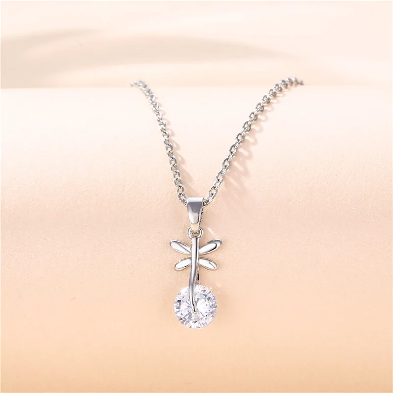

Hotsale Design Stainless Steel Chain CZ Dragonfly Necklaces Geometric Round Diamond Pendant Necklaces For Women