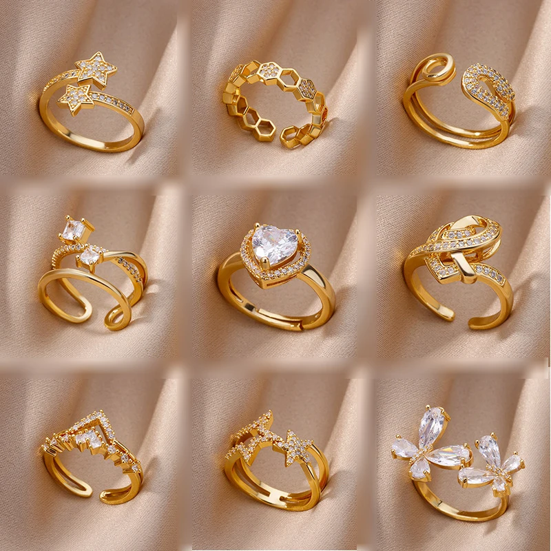 Luxury Statement Adjustable Real Gold Zircon Open Heart Butterfly Finger Ring Women Shiny Cz Knuckle Ring Jewelry Gift