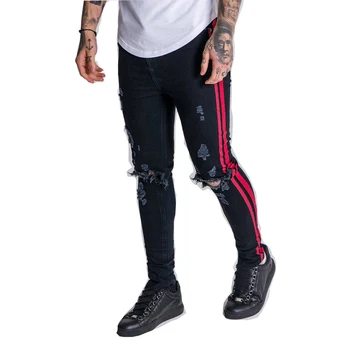 Men Ripped Soft Denim Black Jeans With Red Stripe - Buy Men Ripped ...