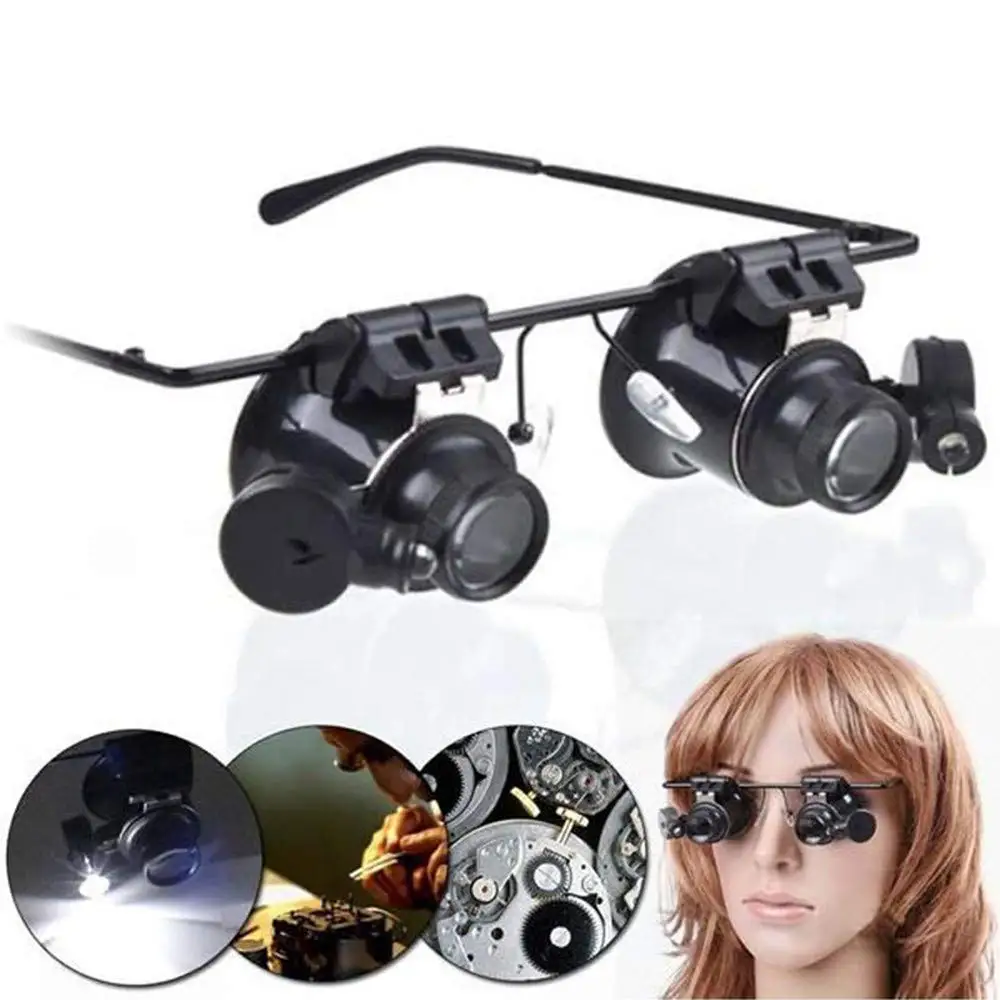 

20X Watch Repair Magnifier Head Mount Magnifier with LED Light Double Eye Loupe Jeweler Magnifying Glasses, Black