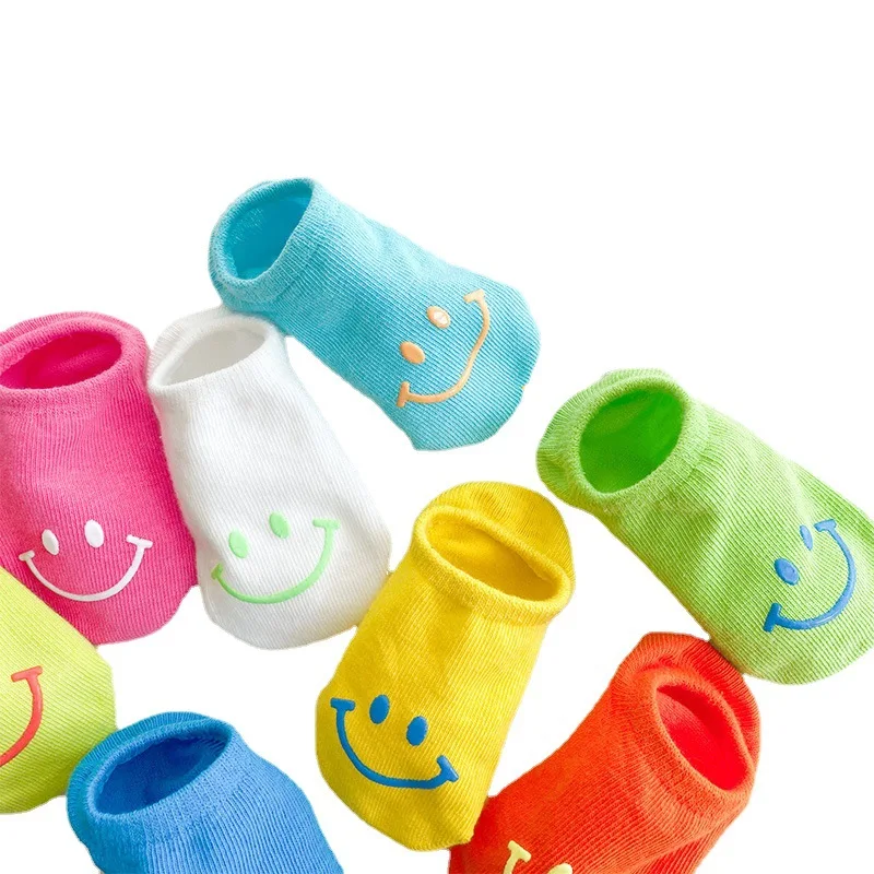 

2021 summer new children cotton ankle socks candy color with smiley face printed kids socks