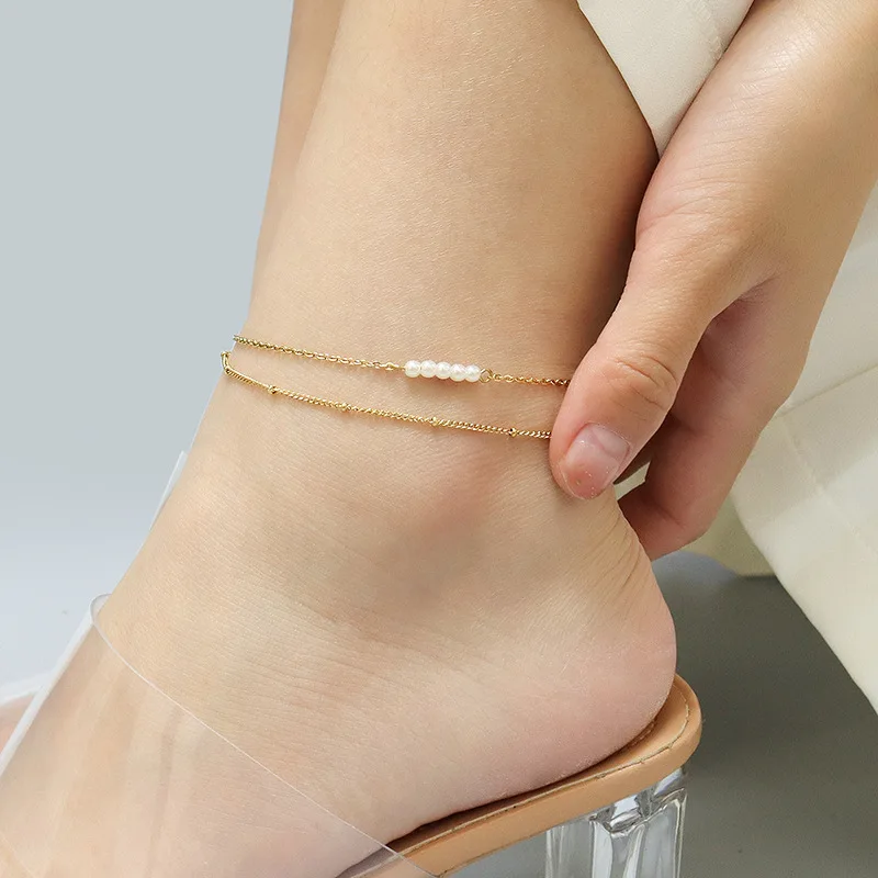 

Layered Summer Beach Stainless Steel Beads Chain Simulation Pearl Bracelet Anklets Pearl Ball Beads Charm Anklet, Gold