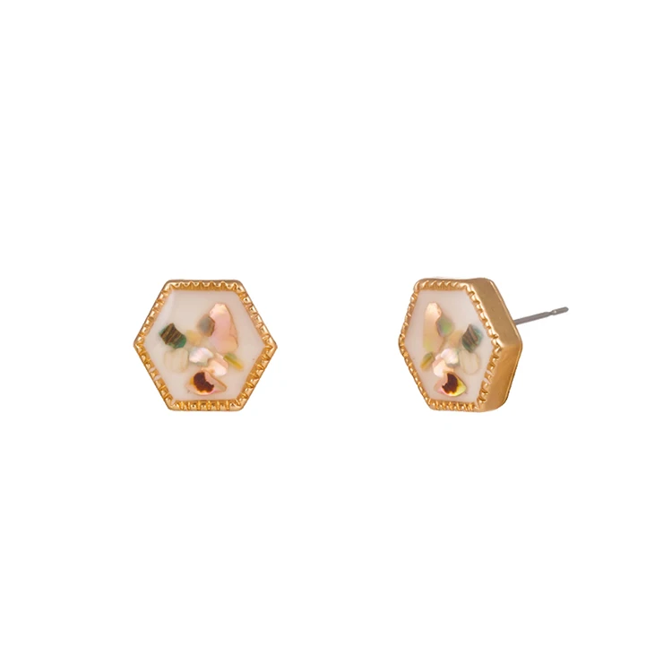 

Lady's Character Hexagonal Enamel Earrings With Colorful Shell Pieces Fine Jewelry