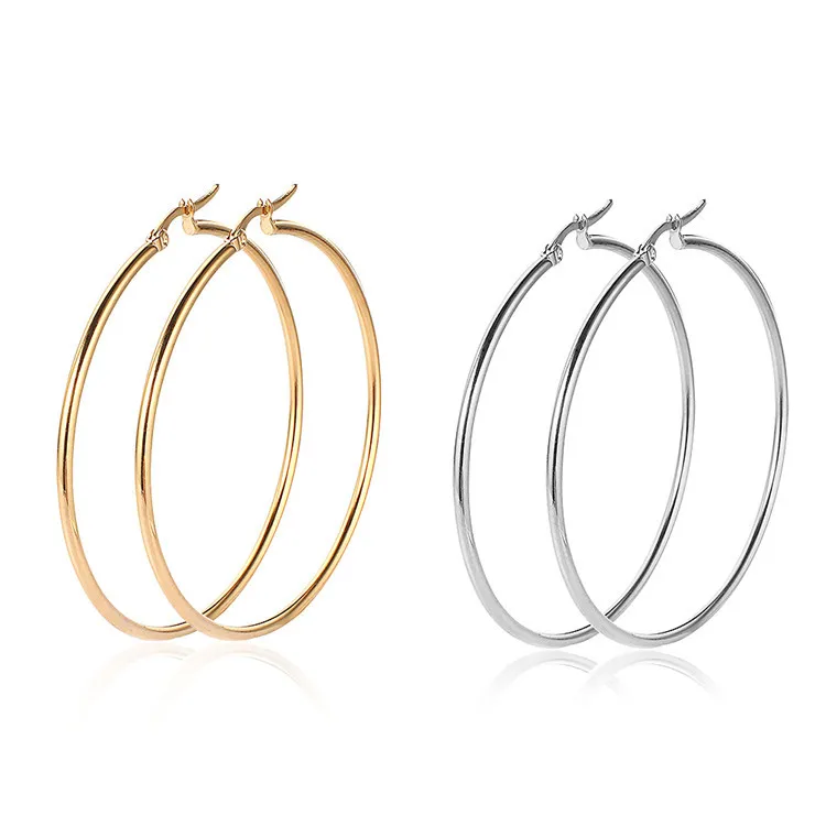 

High quality Women Gold Silver Plated 10mm-80mm Smooth Circle Stainless Steel Big Hoop Earrings Jewelry