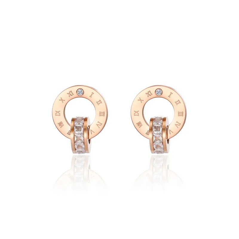 

Roman Numerals Stainless Steel Rose Gold Plated Earrings Luxury Ladies Real Diamond Double Hoop Earrings, Picture shown