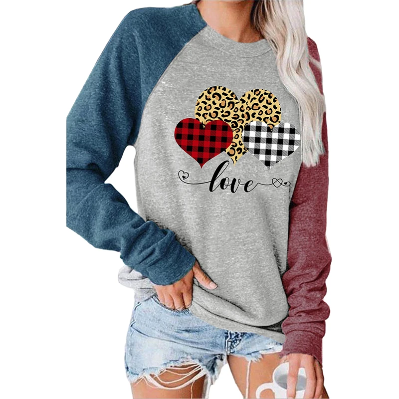 

Valentine Leopard Print Heart Long Sleeves Top Women Graphic Tee, Shown