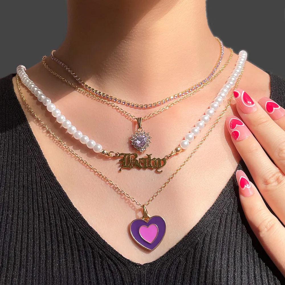 

Luxury Full Rhinestone Pave Freshwater Baroque Pearl Chain Baby Letter Crystal Double Love Heart Necklace Women, Gold plated