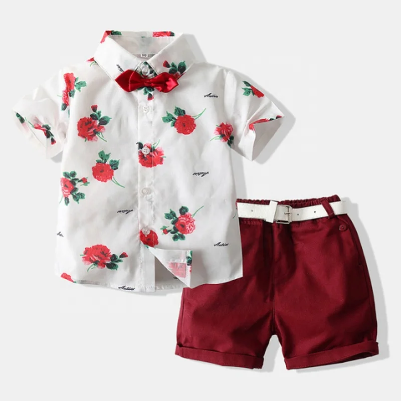 

Wholesale Summer Kids Suit Red Bow Floral Set Infant Wear Boy Clothes, Picture shows