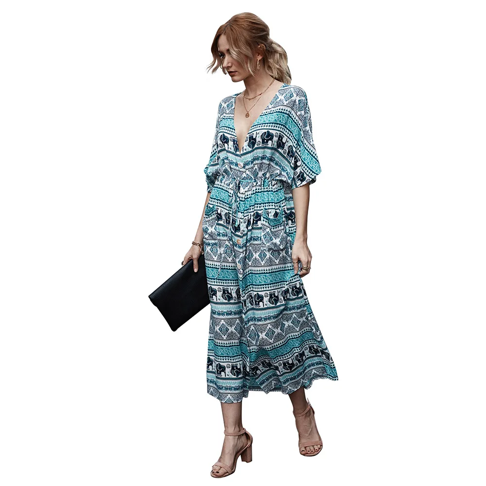 

Women Summer Wrap V Neck Fashion Casual Women Summer Clothes Dress Bohemian Dresses, Blue